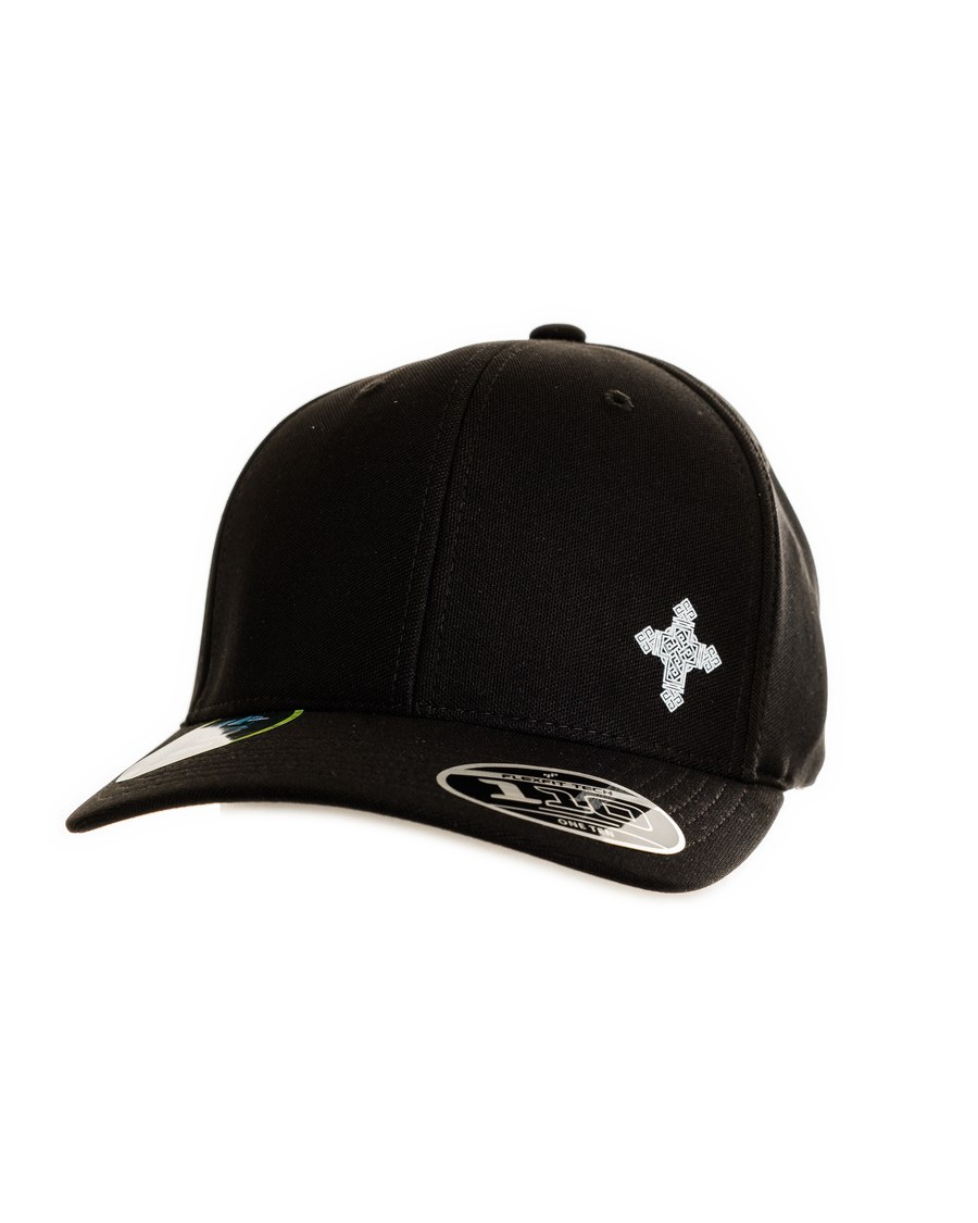 Boné Cruz Preto — Aba curva · cruz bordada na lateral · Fecho snapback