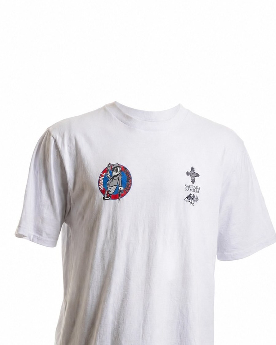 Camisa Mark1 Branca — Patch Xarpi/Tattoografia e cruz · Bulldog writer em círculo