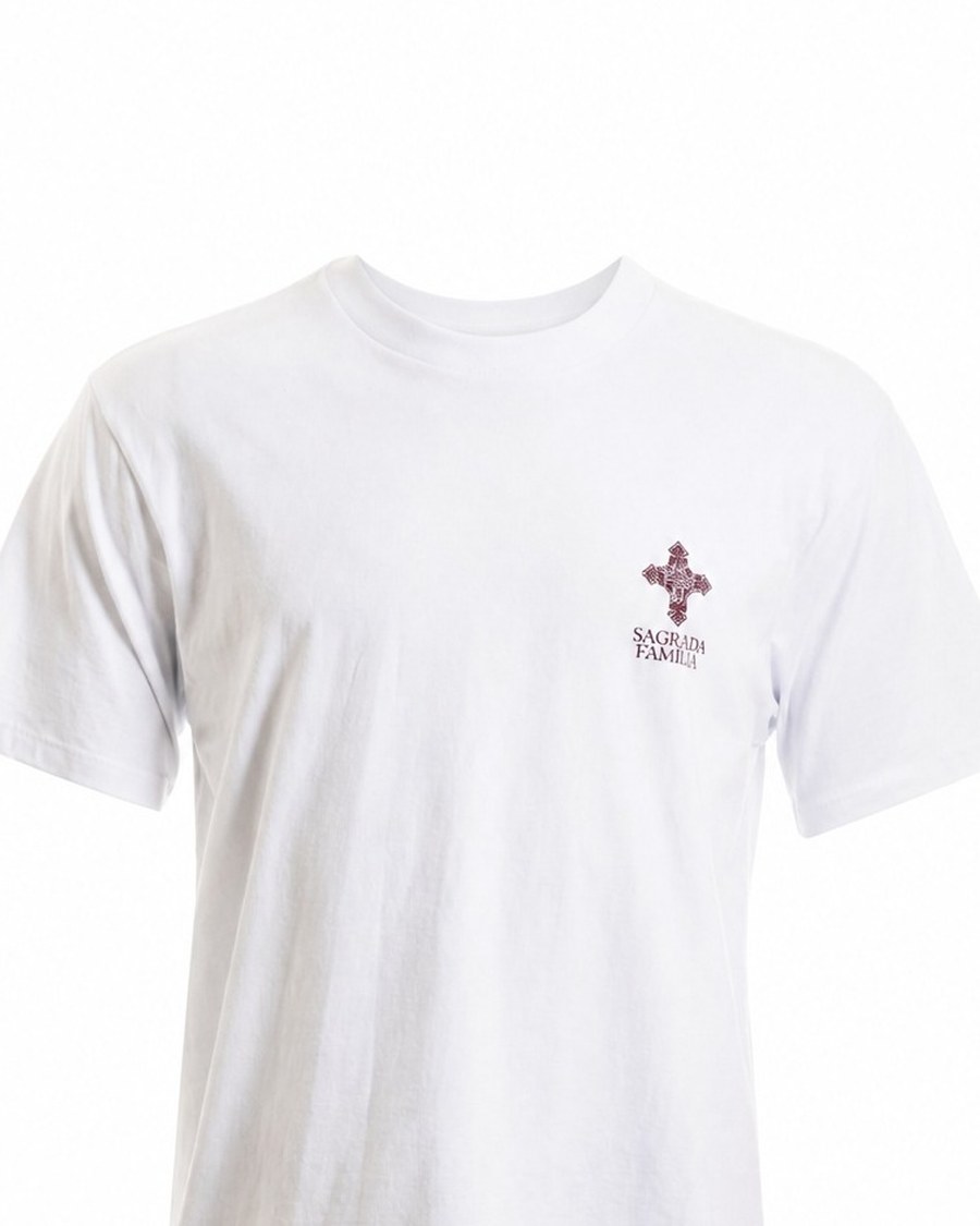 Camiseta Cruz Bordô Branca — Cruz e wordmark em bordô · Cruz Copta grande em bordô