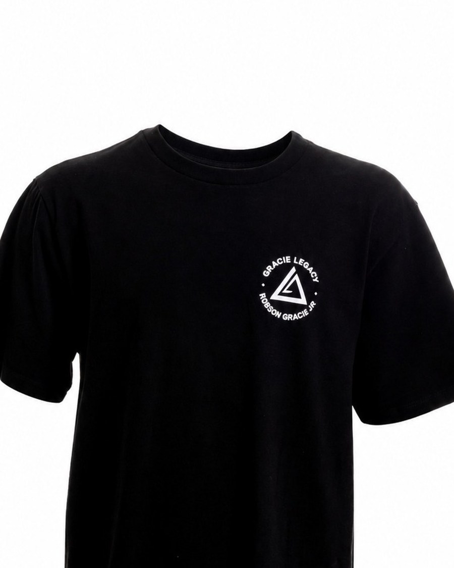 Camiseta Gracie Legacy Preta — Selo Gracie Legacy · Josué 1:9 — Forte e Corajoso